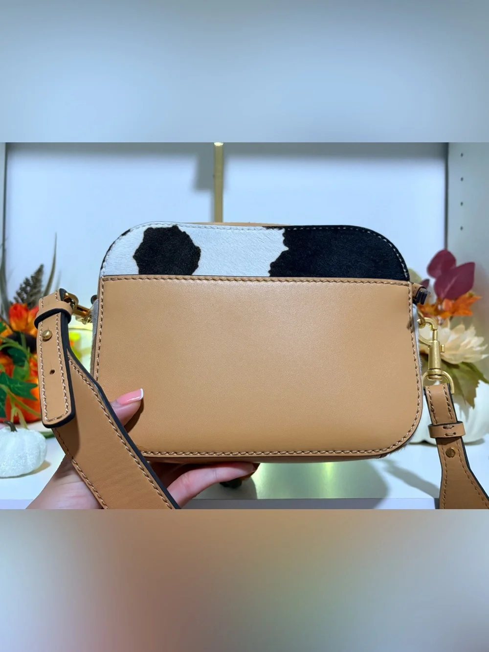 Tory Burch Black, White, & Brown Cowhide Camera Crossbody with Tan Trim